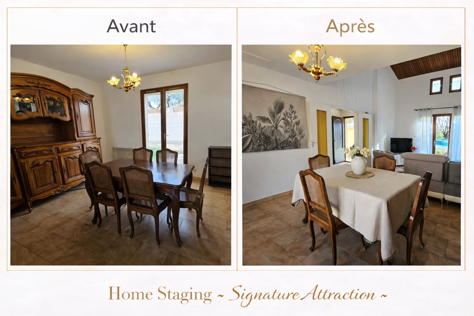 Comparaison avant-après illustrant les erreurs à éviter lors d'une vente de succession dans le Var : au lieu de laisser les meubles massifs (erreur 1) ou de vider entièrement la pièce (erreur 2), l'espace est allégé et modernisé en conservant la table.