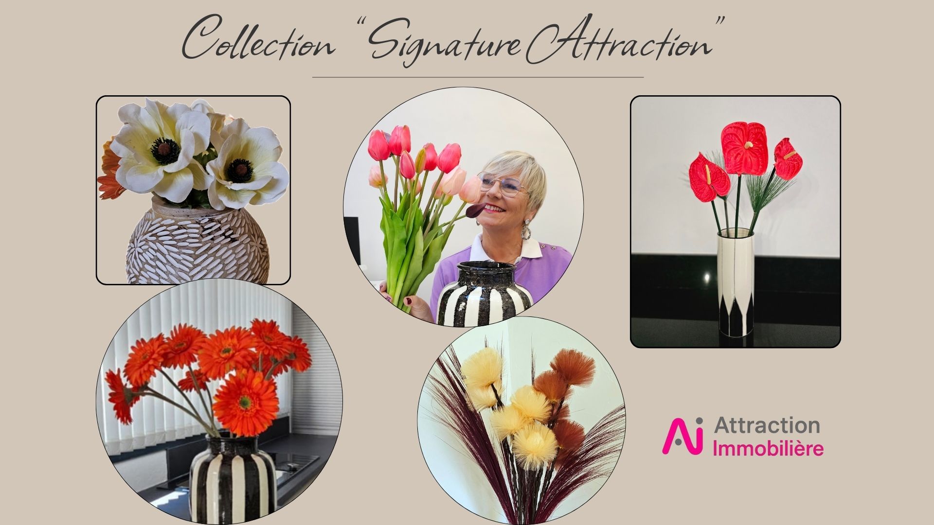 Mise en scène décorative avec fleurs artificielles en soie dans un salon pour la vente d'un bien immobilier.